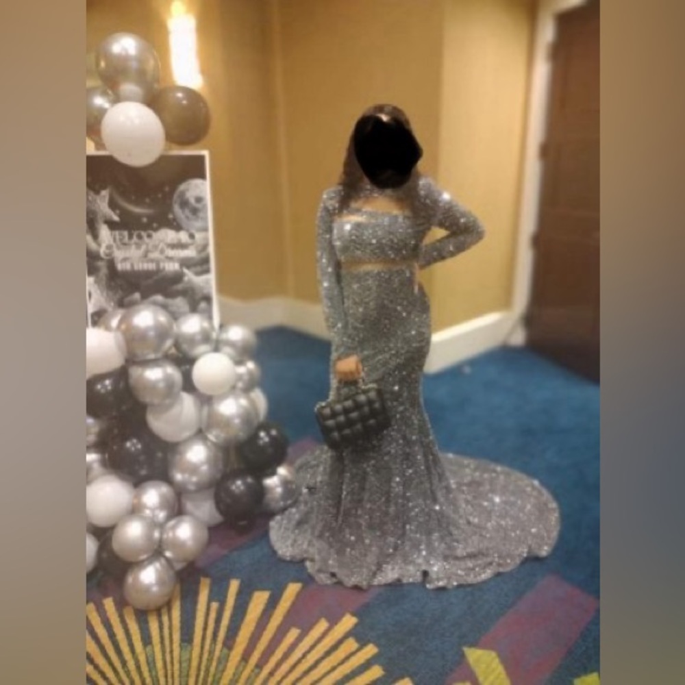 Mock Neck Mesh Panel Sequin Prom Dress